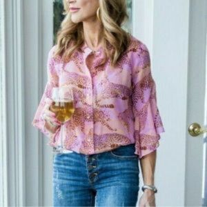 CAbi Minx Lilac Leopard Print Sheer Button Up Flutter Sleeve Flowy Top Size L
